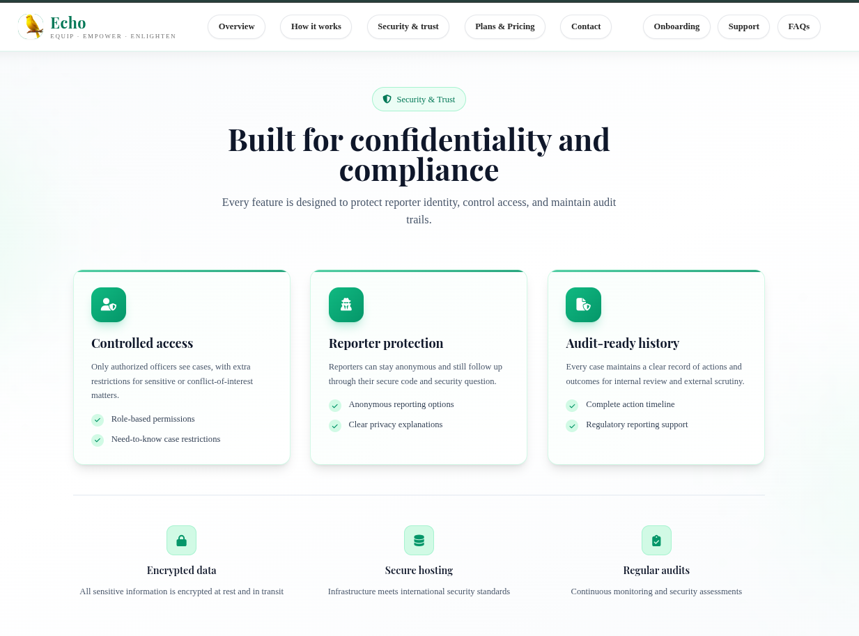 Echo Whistleblowing desktop view